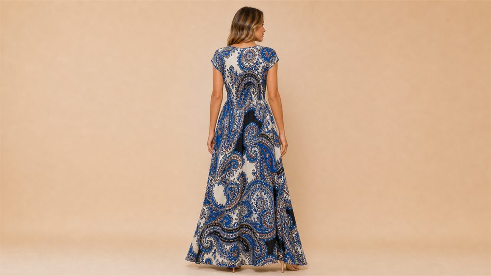 Cream Blue Paisley V-Neck Bohemian Dress Back View