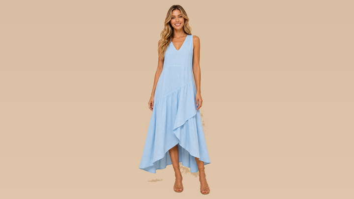Sky Blue Sleeveless Irregular Hem Maxi Dress Front View