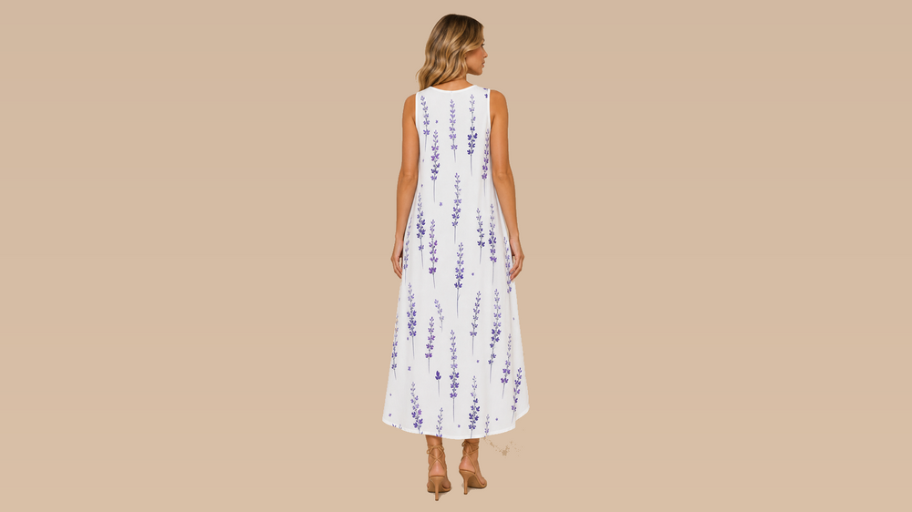 White Lavender Floral Sleeveless Maxi Dress Back View