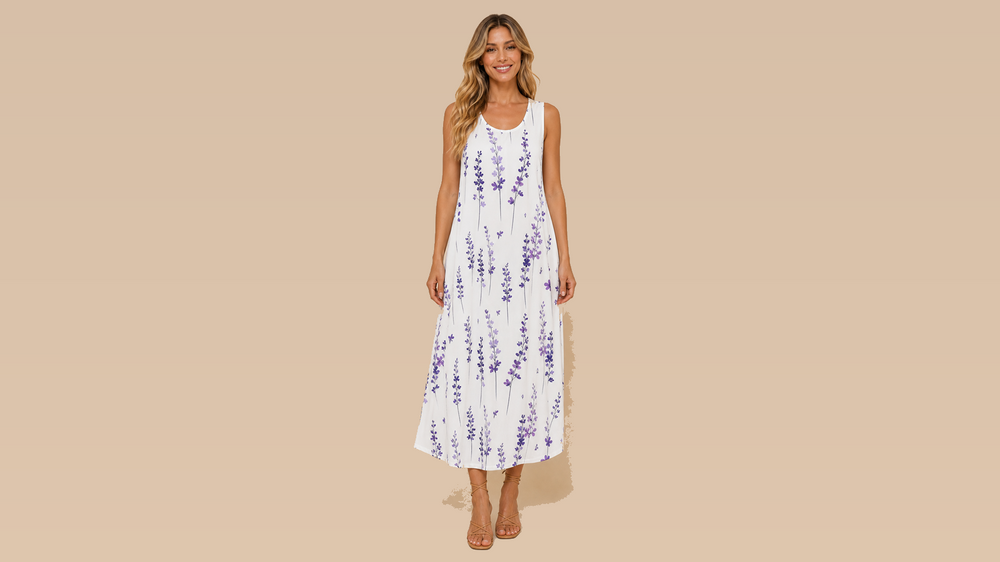 White Lavender Floral Sleeveless Maxi Dress Front View