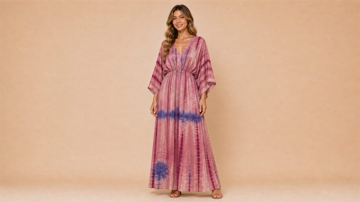 Pink Purple Tie-Dye Bohemian V-Neck Dress Front View