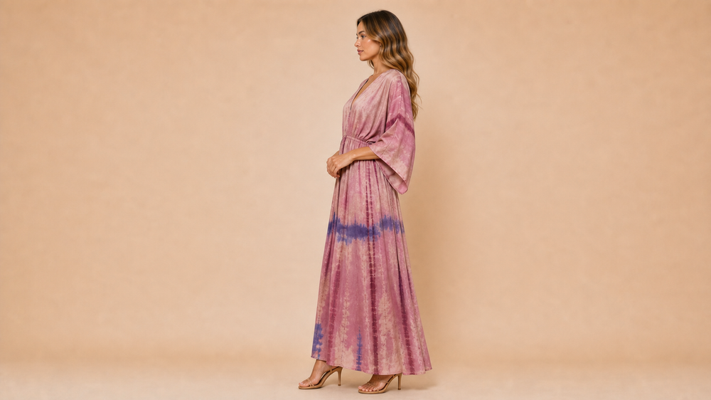 Pink Purple Tie-Dye Bohemian V-Neck Dress Side View