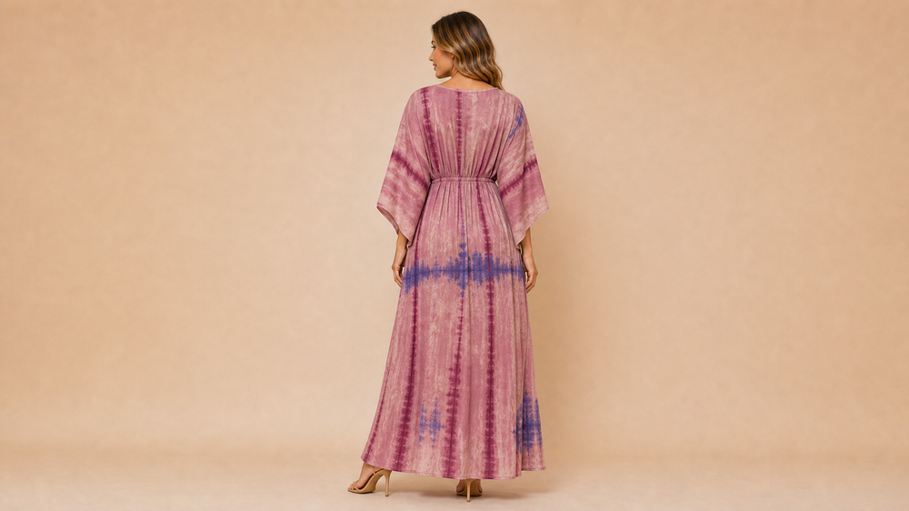 Pink Purple Tie-Dye Bohemian V-Neck Dress Back View