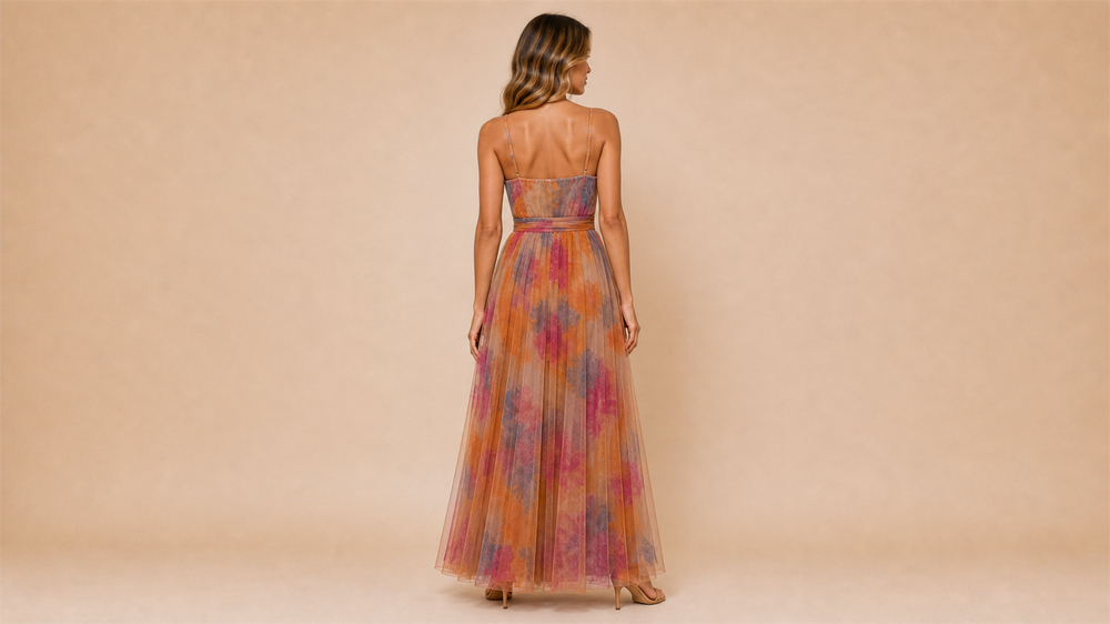 Orange Pink Mesh Print Cami Dress Back View