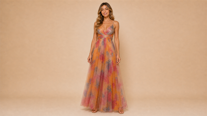 Orange Pink Mesh Print Cami Dress Front View
