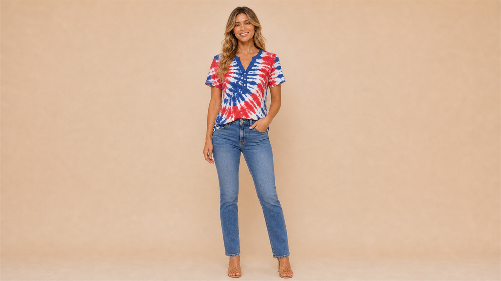 Red White Blue Tie-Dye V-Neck Short Sleeve Top Front View