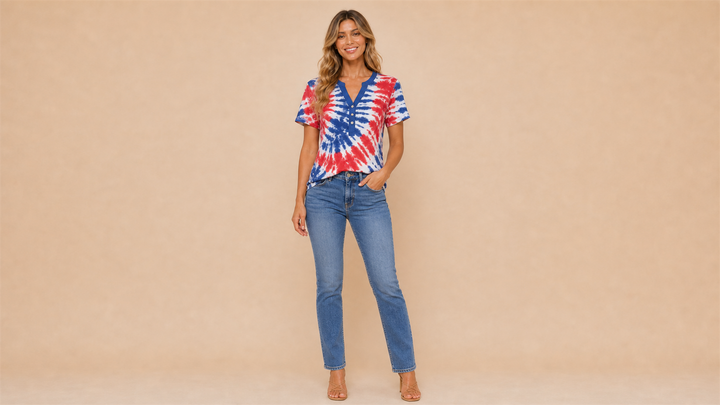 Red White Blue Tie-Dye V-Neck Short Sleeve Top Front View