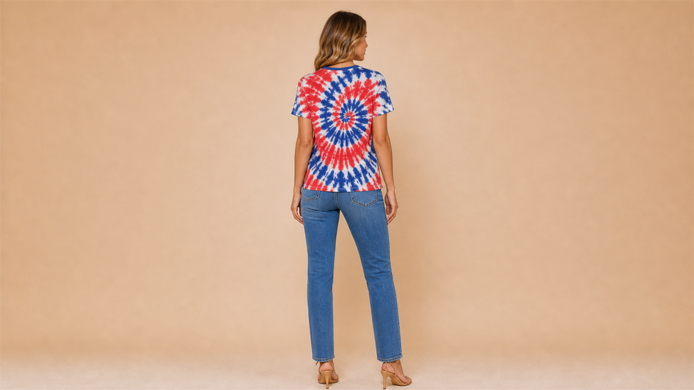Red White Blue Tie-Dye V-Neck Short Sleeve Top Back View