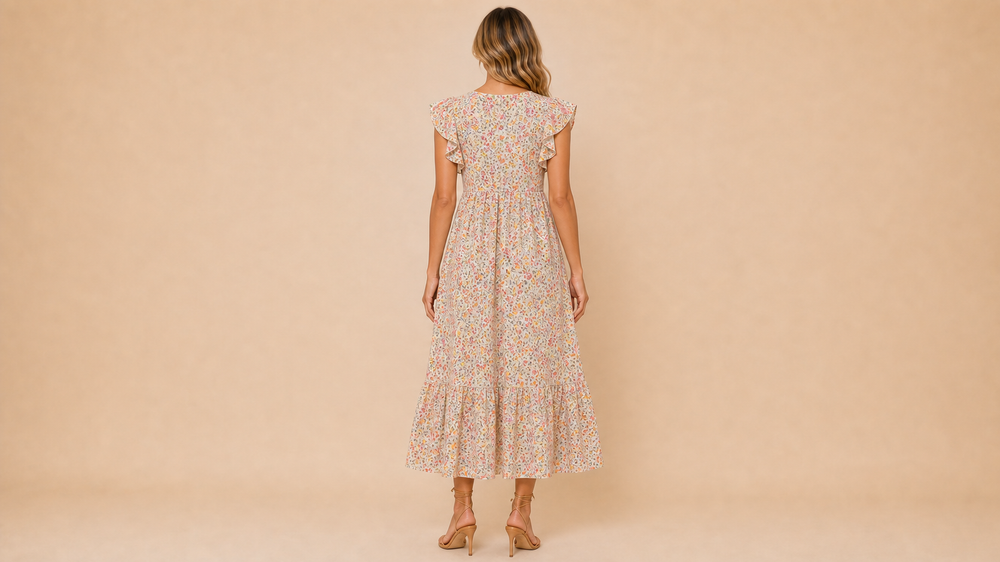 Cream Pink Orange Floral Ruched V-Neck Dress Back View