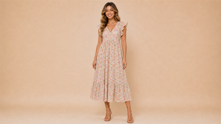 Cream Pink Orange Floral Ruched V-Neck Dress Front View