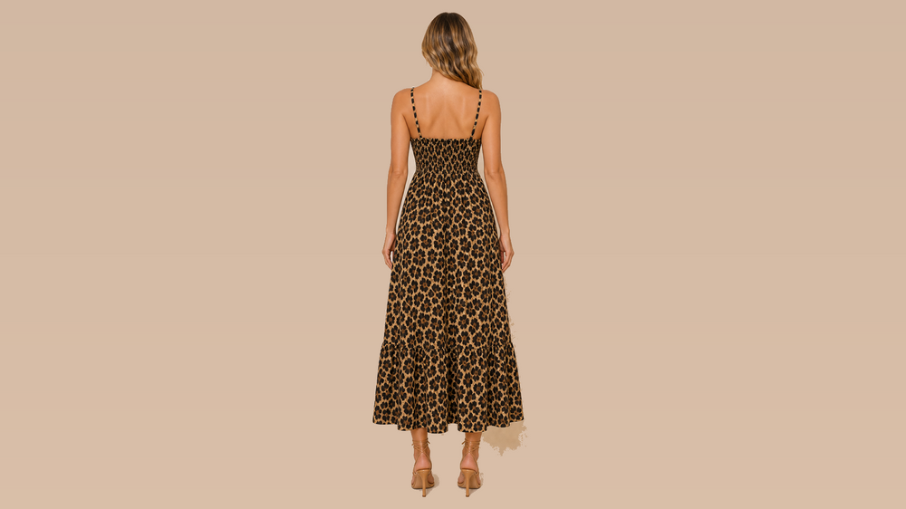 Brown Black Leopard Print Backless Cami Maxi Dress Back View