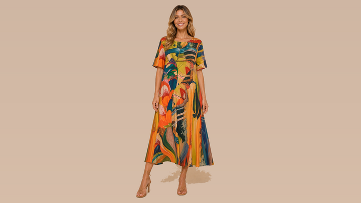 Orange Yellow Abstract Print Short Sleeve Maxi Dress Front View