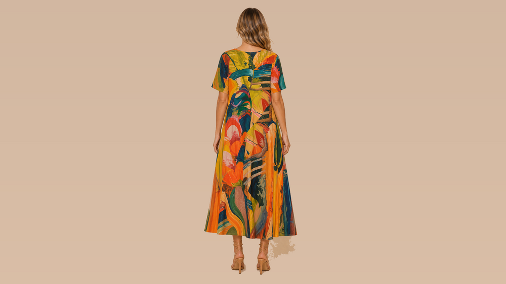 Orange Yellow Abstract Print Short Sleeve Maxi Dress Back View