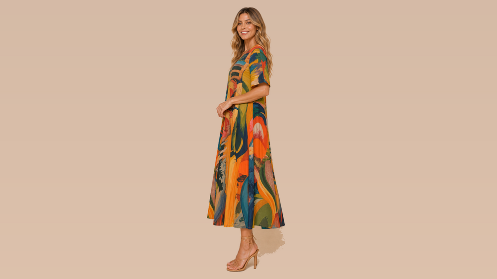 Orange Yellow Abstract Print Short Sleeve Maxi Dress Side View