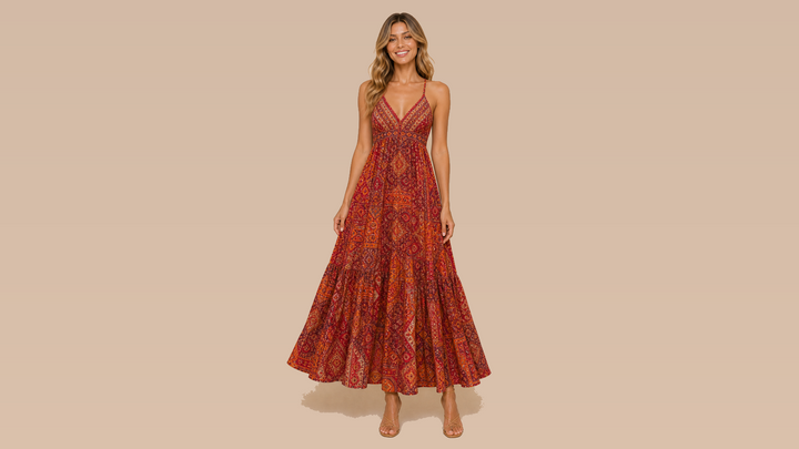 Red Orange Bohemian Floral Cami Maxi Dress Front View