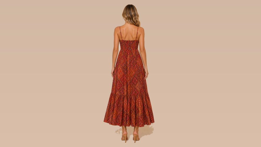 Red Orange Bohemian Floral Cami Maxi Dress Back View