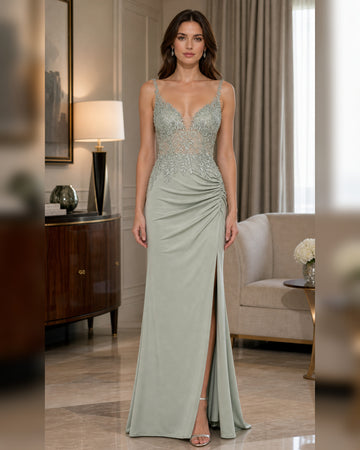 Sage Lace Applique Ruched Slit Formal Gown - Front View