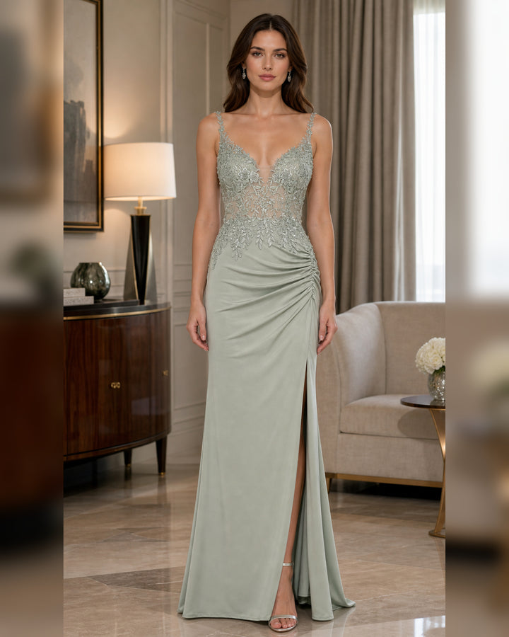 Sage Lace Applique Ruched Slit Formal Gown - Front View