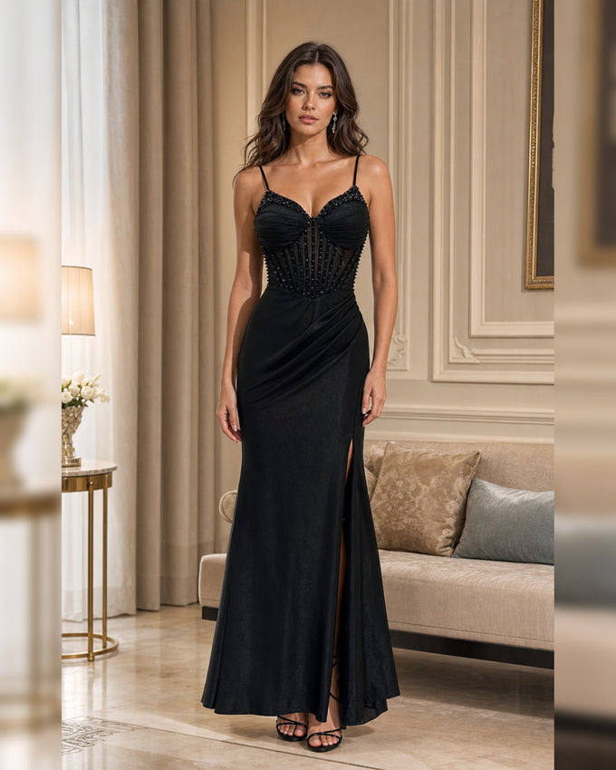 Lace Bustier Ruched Formal Gown - Black - Scene 1 Front View