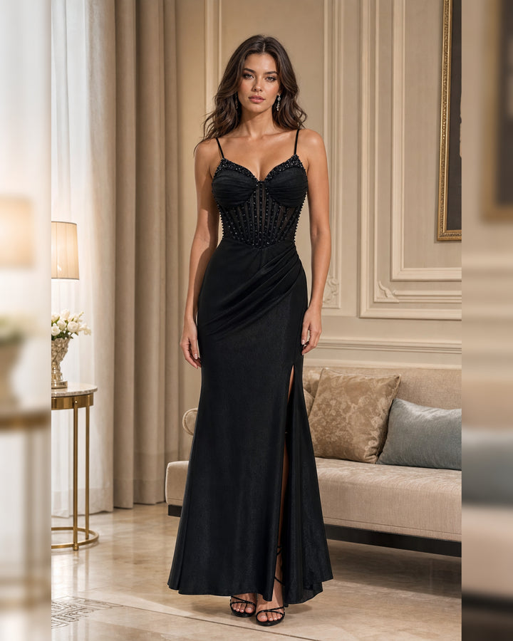 Lace Bustier Ruched Formal Gown - Black - Scene 1 Front View