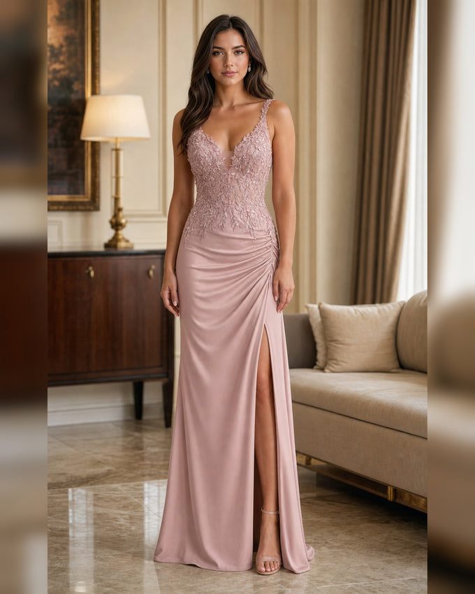 Lace Strap Ruched Slit Formal Gown - Dusty Pink - Scene 1 Front View