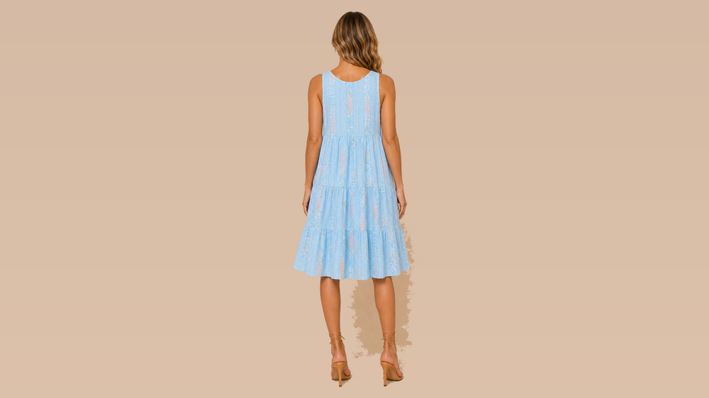 Light Blue Vertical Floral Sleeveless Tiered Dress Back View