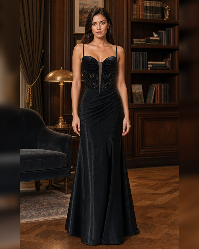 Embellished Bustier Mermaid Formal Gown - Black - Scene 1 Front View
