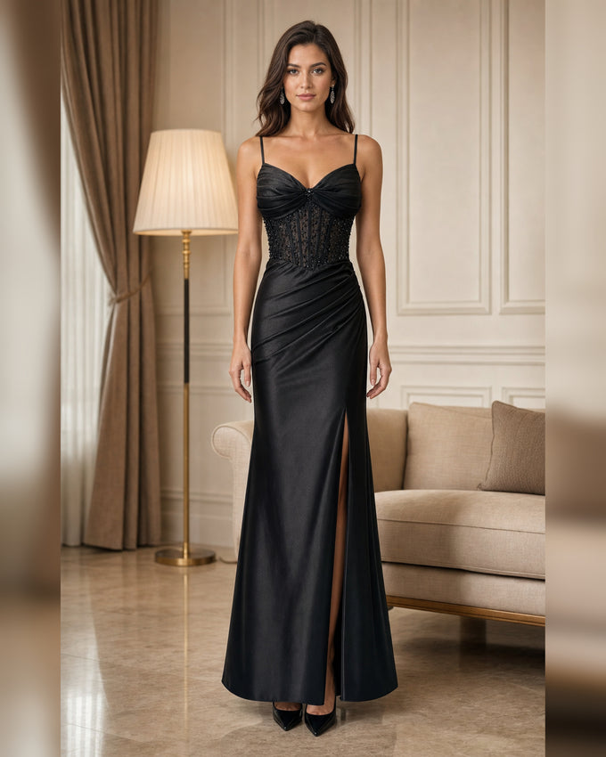Lace Trim Satin Mermaid Formal Gown - Black - Scene 1 Front View