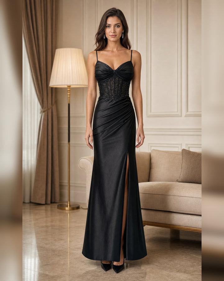 Lace Trim Satin Mermaid Formal Gown - Black - Scene 1 Front View