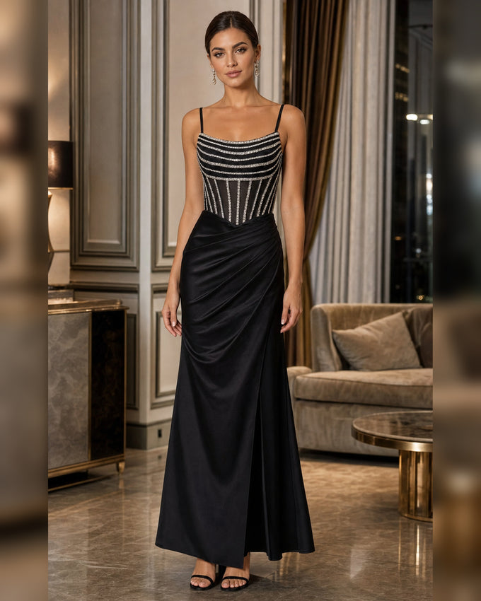 Striped Beaded Corset Satin Formal Gown - Black - Scene 1 Front View