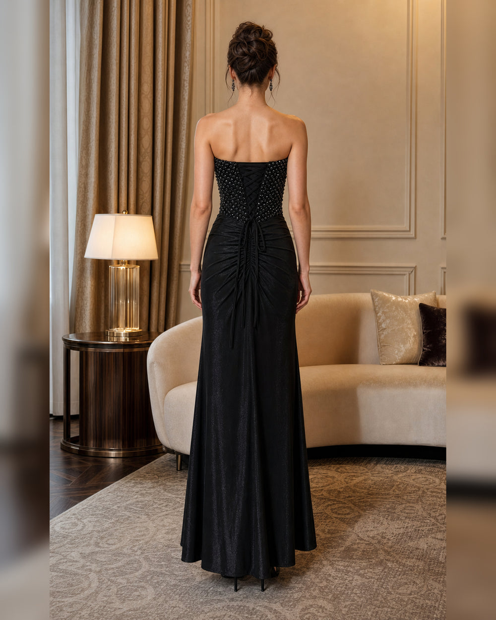 Strapless Beaded Draped Formal Gown - Black - Scene 1 Back View