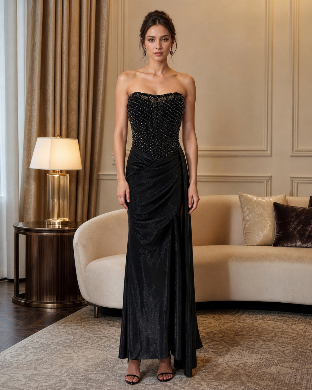 Strapless Beaded Draped Formal Gown - Black - Scene 1 Front View