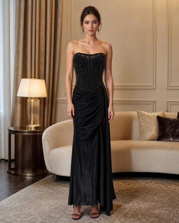 Strapless Beaded Draped Formal Gown - Black - Scene 1 Front View
