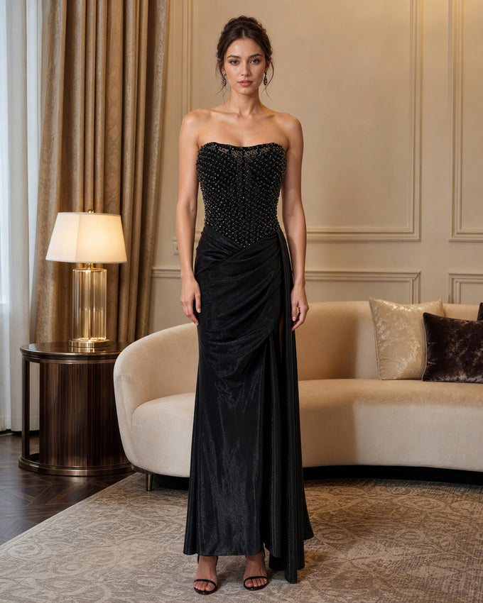 Strapless Beaded Draped Formal Gown - Black - Scene 1 Front View