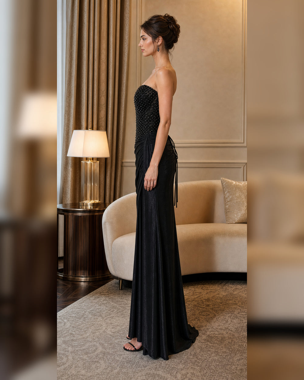Strapless Beaded Draped Formal Gown - Black - Scene 1 Side View