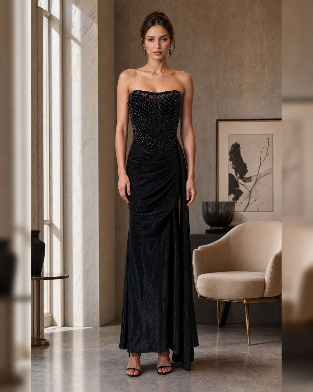 Strapless Beaded Draped Formal Gown - Black - Scene 2 Front View
