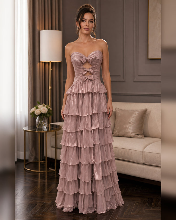 Floral Applique Tiered Ruffle Formal Gown - Dusty Rose - Scene 1 Front View