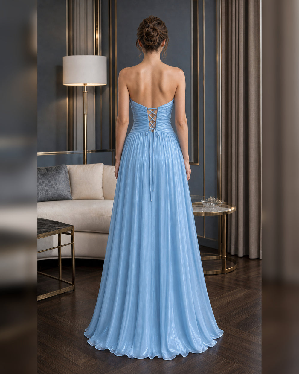 Strapless Rosette Cutout Formal Gown - Blue - Scene 1 Back View