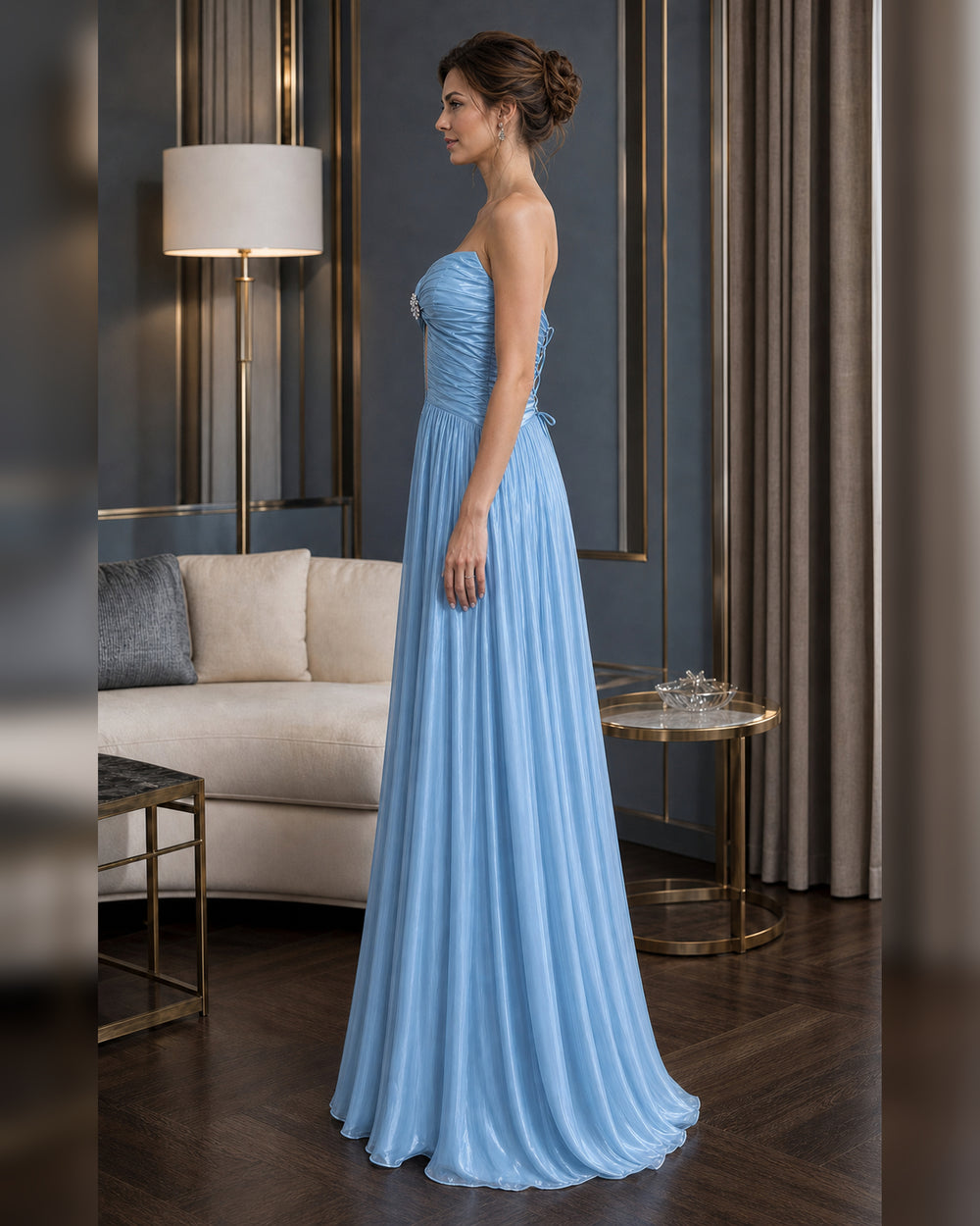 Strapless Rosette Cutout Formal Gown - Blue - Scene 1 Side View