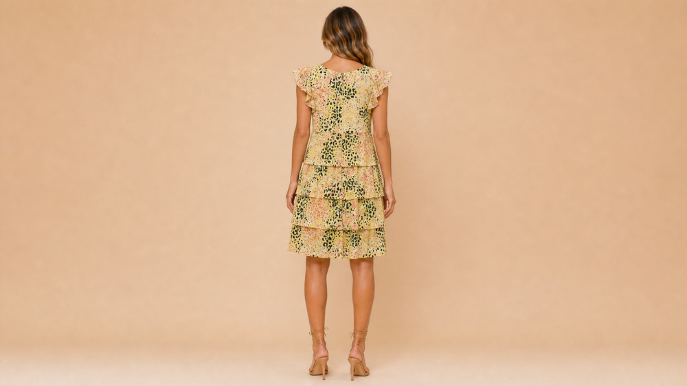 Yellow Abstract Print Ruffle Sleeve Dress Back View