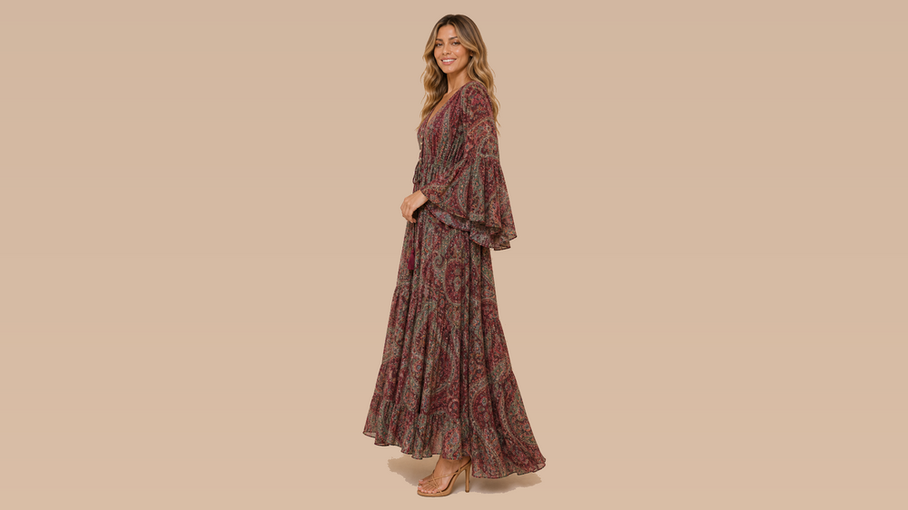 Wine Green Paisley Flare Sleeve V-Neck Maxi Dress Side View