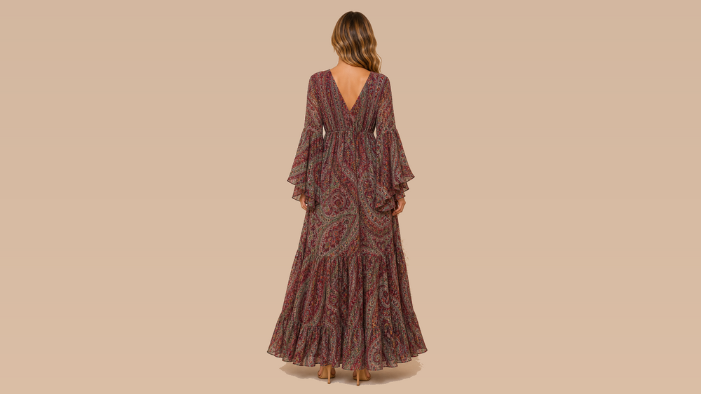 Wine Green Paisley Flare Sleeve V-Neck Maxi Dress Back View
