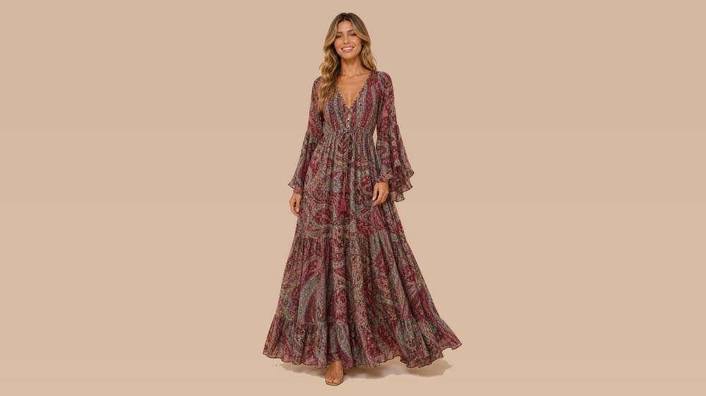 Wine Green Paisley Flare Sleeve V-Neck Maxi Dress Front View