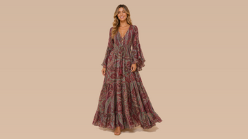 Wine Green Paisley Flare Sleeve V-Neck Maxi Dress Front View