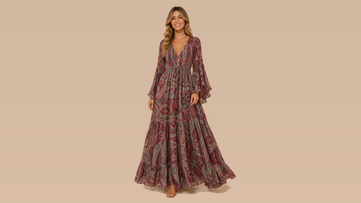 Wine Green Paisley Flare Sleeve V-Neck Maxi Dress Front View