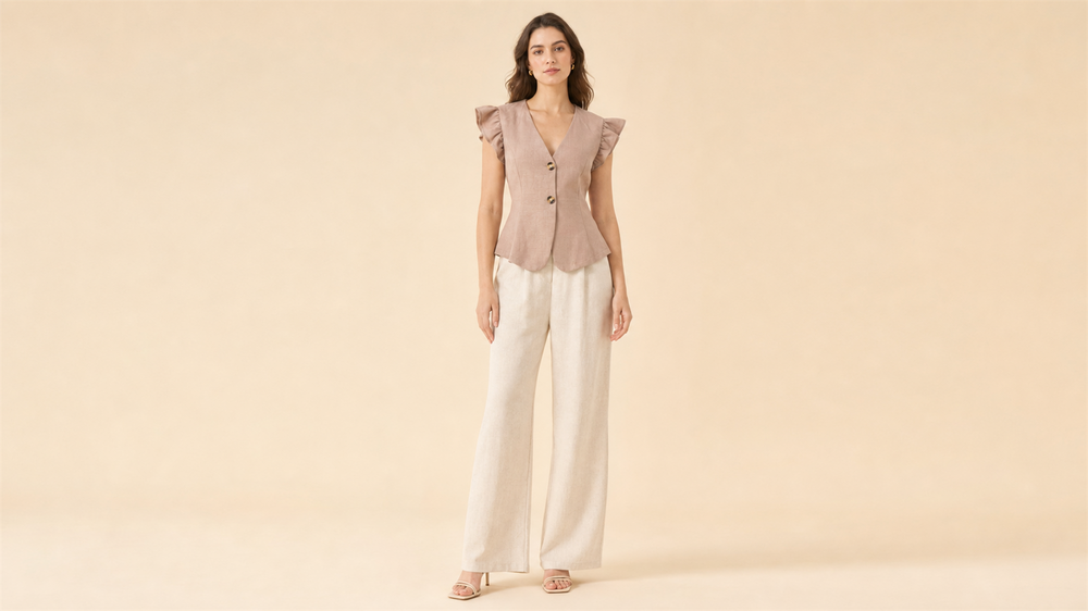 Beige Lace Shirt Shorts Set Front View