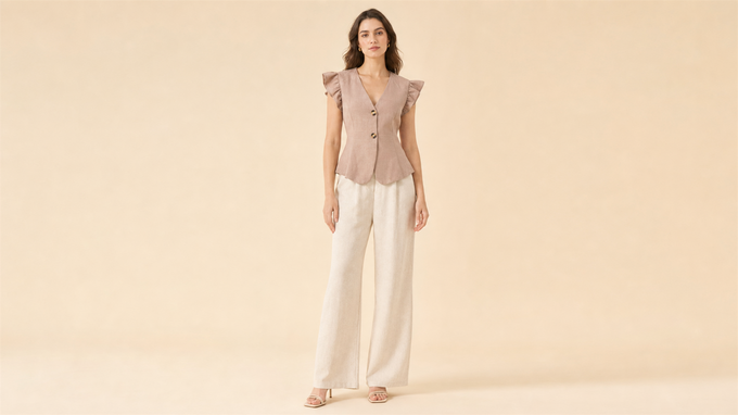 Beige Lace Shirt Shorts Set Front View