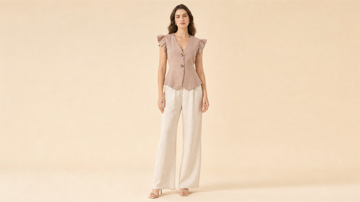 Beige Lace Shirt Shorts Set Front View