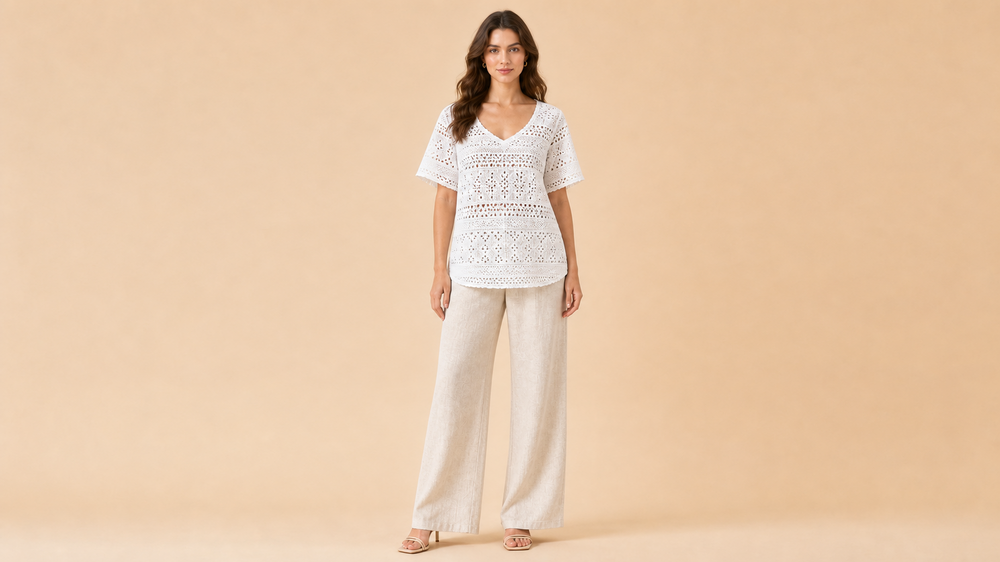 White Short Sleeve Shirt Wide Leg Pants Set Front View
