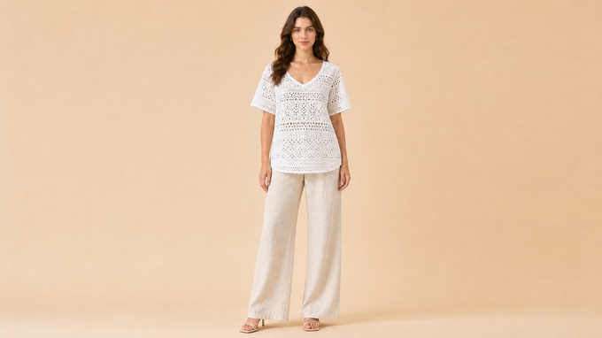 White Short Sleeve Shirt Wide Leg Pants Set Front View